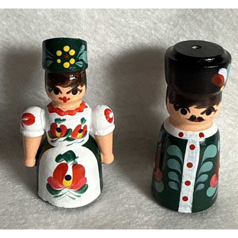 Hungary Green Hand Painted Wooden Salt & Pepper Shakers Man Woman 3”